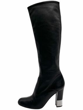 Valentino Garavani Black Leather Knee High Boots Rhinestone Heels EU 39 US 9